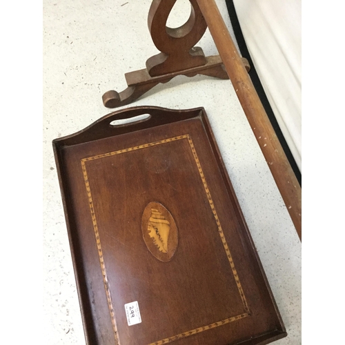 299 - EDWARDIAN INLAID TRAY AND A VICTORIAN TOWEL RAIL FOR RESTORATION