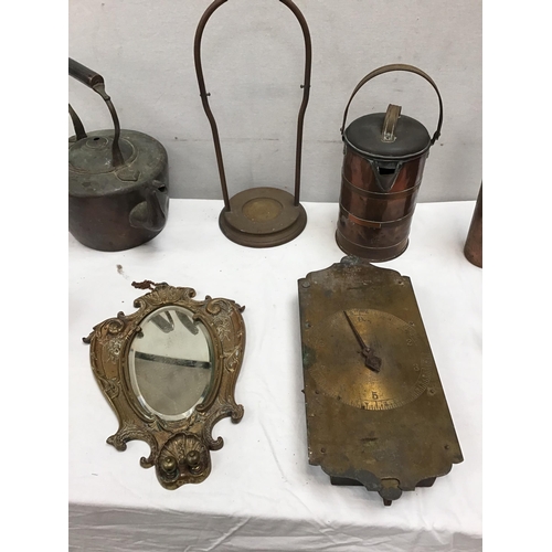 301 - BOX OF VICTORIAN AND LATER BRASS AND COPPER TO INCLUDE BILLY CAN, SCALES, COPPER KETTLES, BRASS MIRR... 