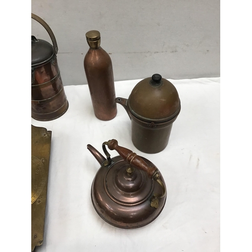 301 - BOX OF VICTORIAN AND LATER BRASS AND COPPER TO INCLUDE BILLY CAN, SCALES, COPPER KETTLES, BRASS MIRR... 