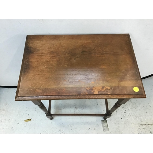 313 - VINTAGE OAK WINDOW TABLE ON TURNED AND STRETCHERED LEG H 30