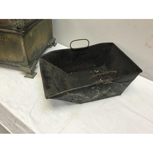 315 - ART DECO BRASS LOG BOX, VICTORIAN BRASS COAL SCUTTLE AND A REPRODUCTION LETTER BOX