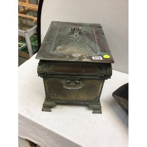 315 - ART DECO BRASS LOG BOX, VICTORIAN BRASS COAL SCUTTLE AND A REPRODUCTION LETTER BOX