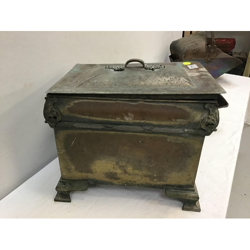 315 - ART DECO BRASS LOG BOX, VICTORIAN BRASS COAL SCUTTLE AND A REPRODUCTION LETTER BOX