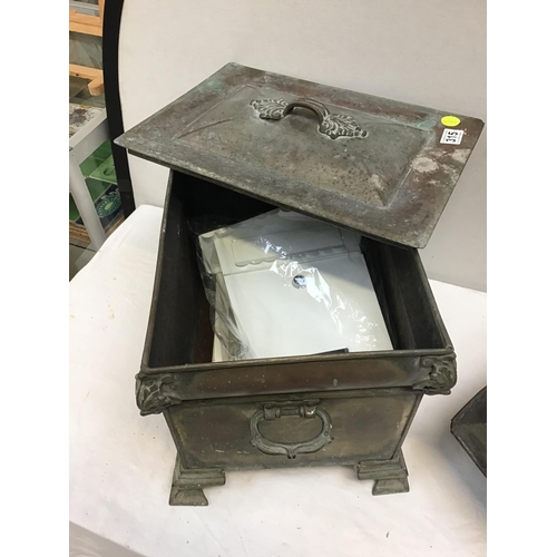 315 - ART DECO BRASS LOG BOX, VICTORIAN BRASS COAL SCUTTLE AND A REPRODUCTION LETTER BOX