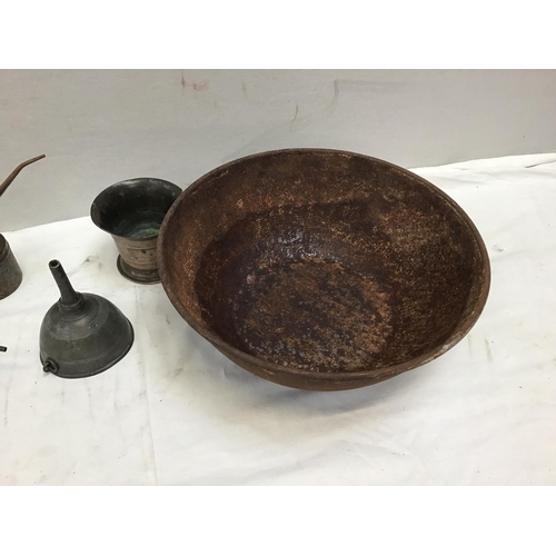 318 - 2 METAL BOWLS, PEWTER FUNNELL 2 OILERS ETC