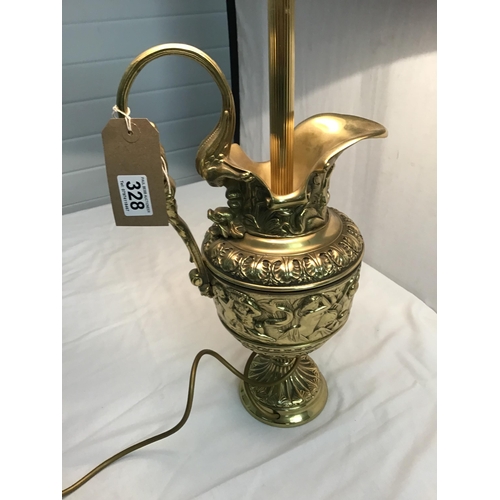 328 - HEAVY BRASS GOOD QAULITY EWER BASED TABLE LAMP COMPLETE WITH SHADE