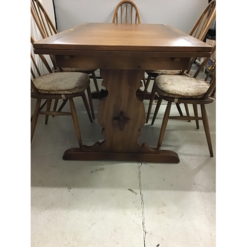 337 - BADGED ERCOL DRAWER LEAF DINING TABLE WITH REFECTORY STYLE STRETCHERED BASE AND 6 MATCHING ERCOL CHA... 