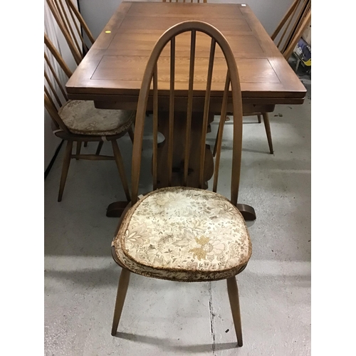 337 - BADGED ERCOL DRAWER LEAF DINING TABLE WITH REFECTORY STYLE STRETCHERED BASE AND 6 MATCHING ERCOL CHA... 