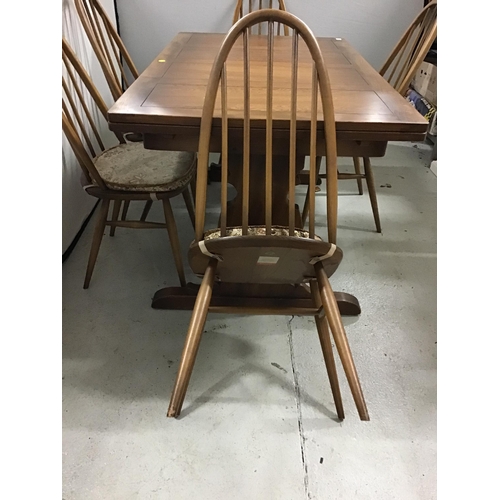 337 - BADGED ERCOL DRAWER LEAF DINING TABLE WITH REFECTORY STYLE STRETCHERED BASE AND 6 MATCHING ERCOL CHA... 