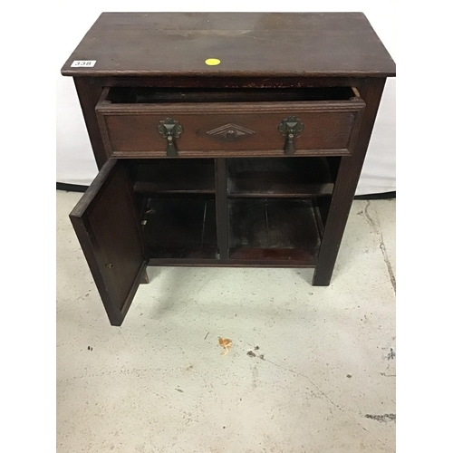 338 - SMALL VINTAGE OAK CABINET WITH SINGLE DRAWER AND SINGLE DOOR AND OPEN SHELF COMPARTMENT H 23