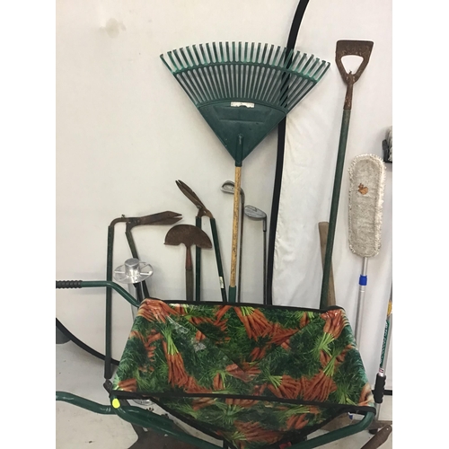 201 - FOLDING WHEELBARROW AND GARDEN TOOLS ETC