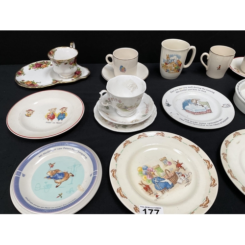 177 - QTY OF CHINA TO INCLUDE ROYAL DOULTON BUNNKINS, WEDGEWOOD, PINKY AND PERKY CHINA, ROYAL ALBERT ETC