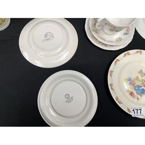 177 - QTY OF CHINA TO INCLUDE ROYAL DOULTON BUNNKINS, WEDGEWOOD, PINKY AND PERKY CHINA, ROYAL ALBERT ETC