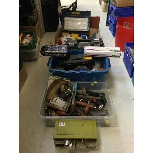 226 - 2 CRATES AND 2 BOXES AND A BUCKET OF HARDWARE TO INCLUDE TOOLS SCREW ORGANISERS ETC