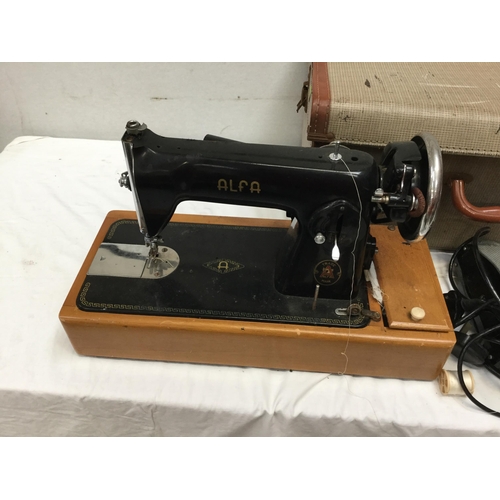 236 - VINTAGE ALFA ELECTRIC SEWING MACHINE IN CASE AND VINTAGE HAND SEWING MACHINE NO CASE