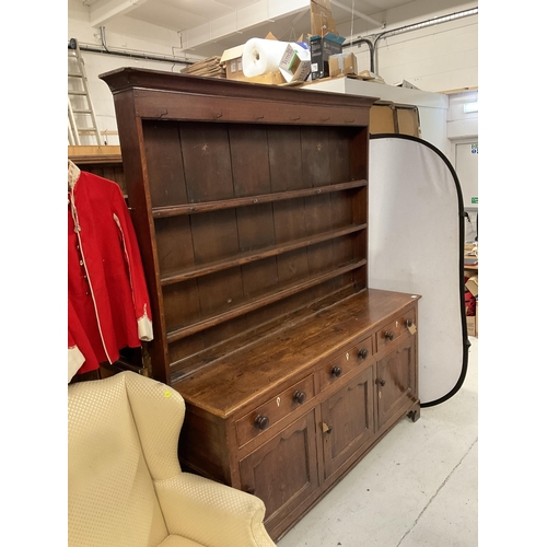 356 - EARLY OAK DRESSER WITH PLATE RACK BACK BASE WITH 3 DRAWERS OVER 3 DOORS