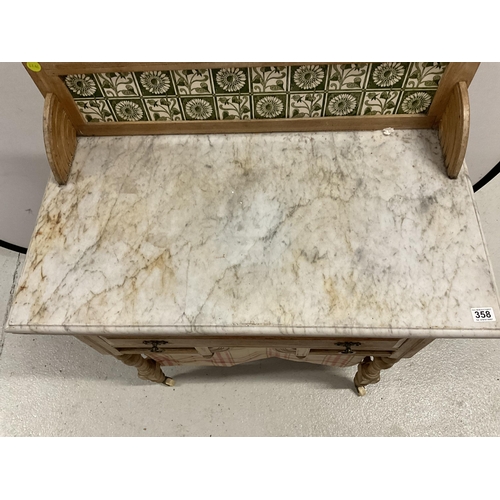 358 - EDWARDIAN WASH STAND WITH TILED BACK MARBLE TOP WITH SINGLE DRAWER ON TURNED STRETCHERED LEGS WITH F... 