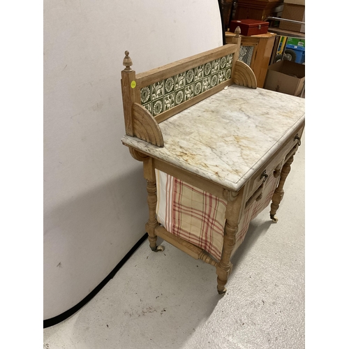 358 - EDWARDIAN WASH STAND WITH TILED BACK MARBLE TOP WITH SINGLE DRAWER ON TURNED STRETCHERED LEGS WITH F... 