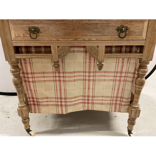 358 - EDWARDIAN WASH STAND WITH TILED BACK MARBLE TOP WITH SINGLE DRAWER ON TURNED STRETCHERED LEGS WITH F... 