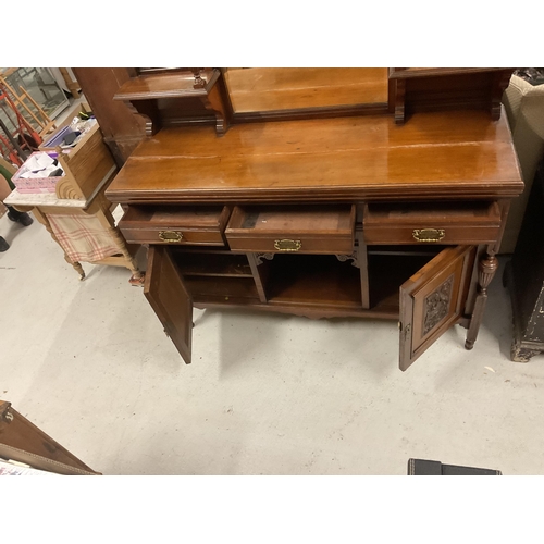 362 - VICTORIAN MIRROR BACK SIDEBOARD WITH TURNED FINIAL DECORATION BASE 2 DRAWERS OVER 2 CARVED PANEL DOO... 