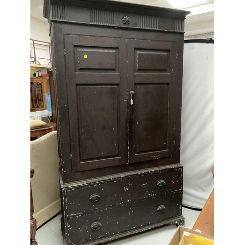 363 - VICTORIAN PINE HOUSE KEEPERS CUPBOARD WITH 2 DOORS OVER 3 LONG DRAWERS ON BRACKET FEET - H86