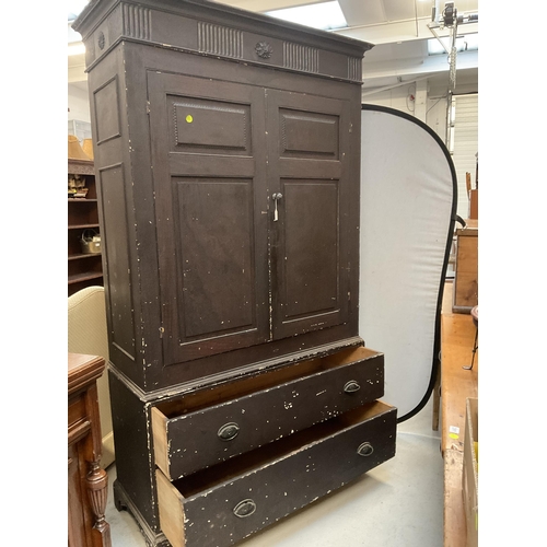 363 - VICTORIAN PINE HOUSE KEEPERS CUPBOARD WITH 2 DOORS OVER 3 LONG DRAWERS ON BRACKET FEET - H86