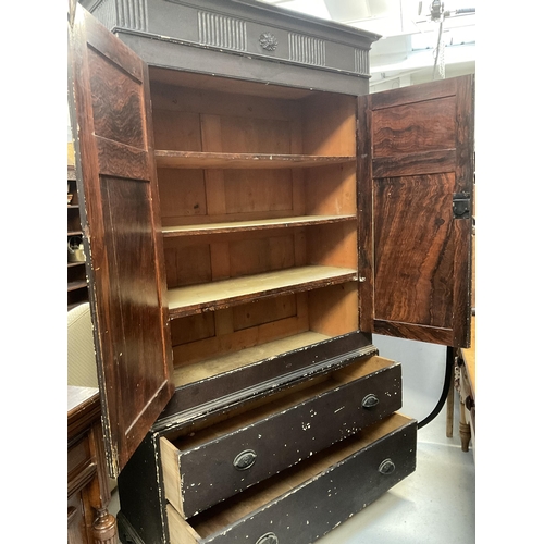 363 - VICTORIAN PINE HOUSE KEEPERS CUPBOARD WITH 2 DOORS OVER 3 LONG DRAWERS ON BRACKET FEET - H86