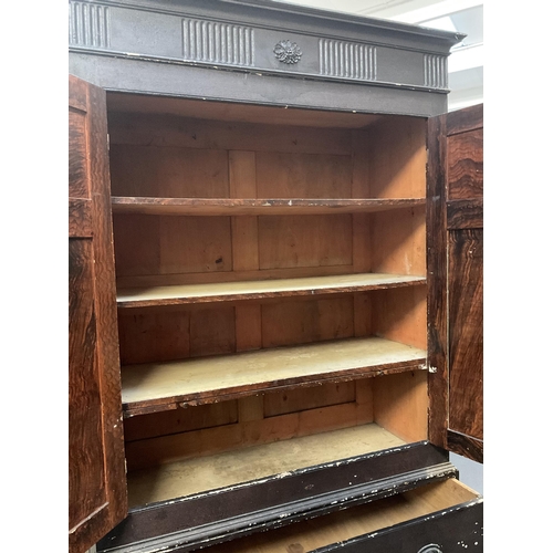 363 - VICTORIAN PINE HOUSE KEEPERS CUPBOARD WITH 2 DOORS OVER 3 LONG DRAWERS ON BRACKET FEET - H86