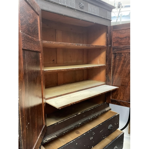 363 - VICTORIAN PINE HOUSE KEEPERS CUPBOARD WITH 2 DOORS OVER 3 LONG DRAWERS ON BRACKET FEET - H86