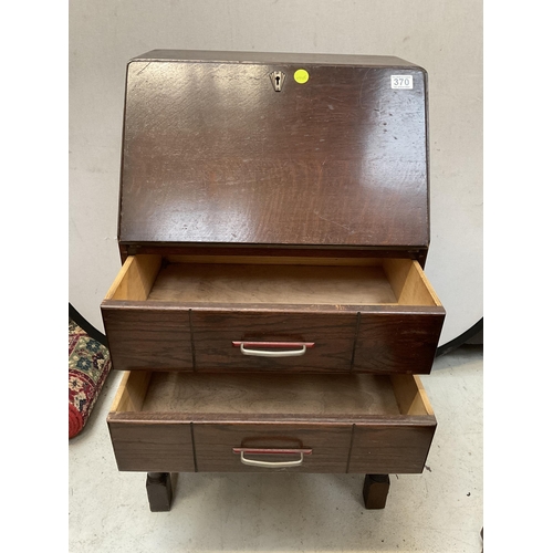 370 - VINTAGE OAK BUREAU WITH DROP DOWN FLAP OVER 2 DRAWERS ON TURNED BULBOUS AND STRETCHERD LEGS -H39