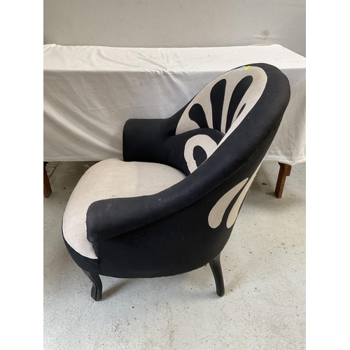 375 - REPRODUCTION BLACK AND WHITE UPHOLSTERED BEDROOM TUB CHAIR ON CABRIOLE LEGS -H34