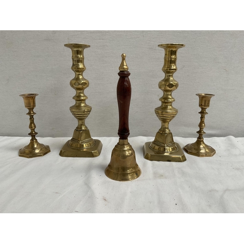 380 - QTY OF EARLY VICTORIAN AND LATER  BRASSWARE  TO INCLUDE VICTORIAN CANDLESTICKS, MARTINGALE ETC