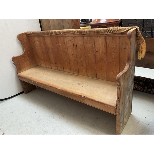 406 - VICTORIAN STRIPPED PINE SETTLE WITH SHAPED ENDS - H46