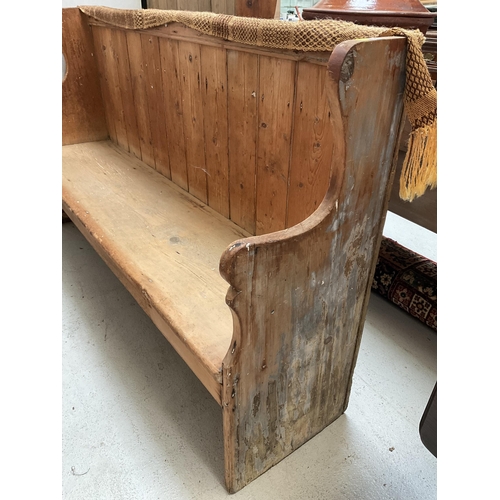 406 - VICTORIAN STRIPPED PINE SETTLE WITH SHAPED ENDS - H46