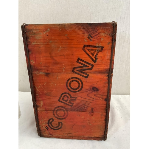 407 - VINTAGE CORONA WOODEN CRATE COMPLETE WITH BOTTLES 2 VICTORIAN SODA SYPHONS AND A VICTORIAN LIVERPOOL... 