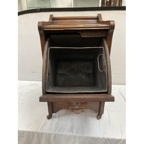 417 - ART NOUVEAU MAHOGANY COAL BOX WITH CARVED  PULL DOWN PANEL DOOR COMPLETE WITH METAL LINER - H24