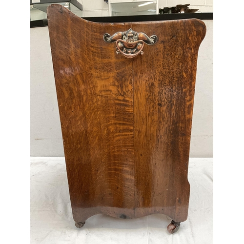 417 - ART NOUVEAU MAHOGANY COAL BOX WITH CARVED  PULL DOWN PANEL DOOR COMPLETE WITH METAL LINER - H24