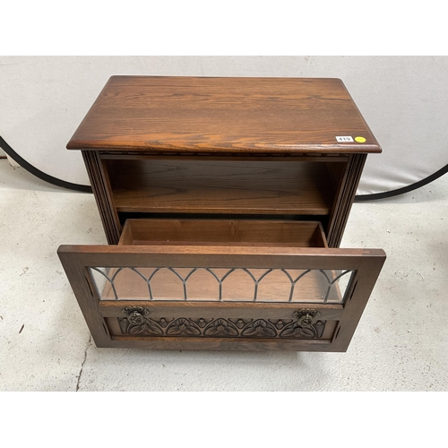 419 - BADGED OLD CHARM TV STAND WITH CARVED AND LEADED DRAWER FRONT - H20