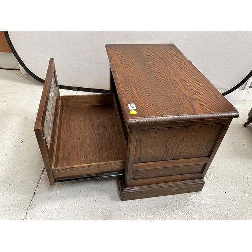 419 - BADGED OLD CHARM TV STAND WITH CARVED AND LEADED DRAWER FRONT - H20