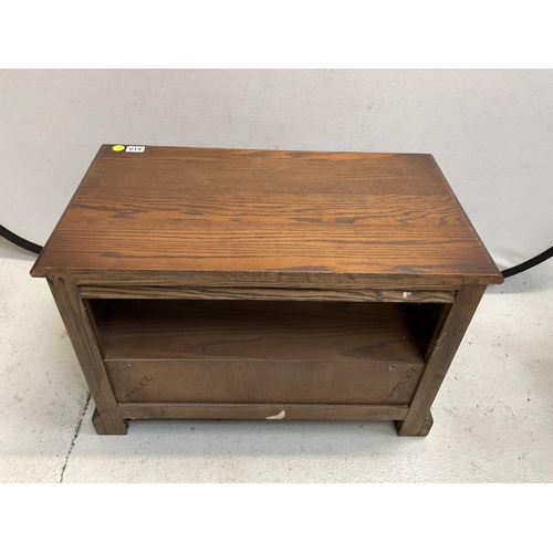 419 - BADGED OLD CHARM TV STAND WITH CARVED AND LEADED DRAWER FRONT - H20