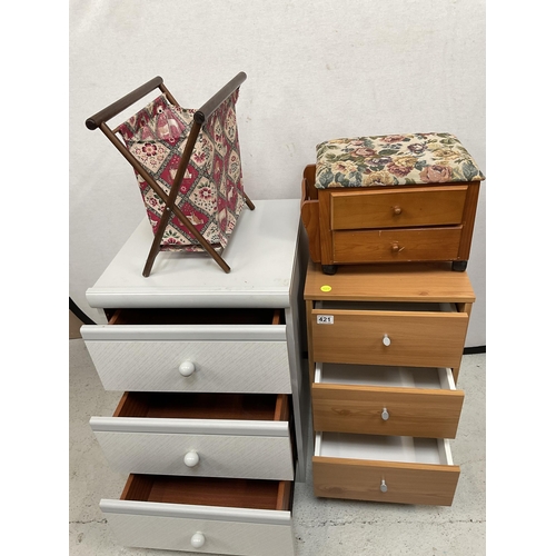 421 - 2 MODERN BEDSIDE CABINETS A SMALL SEWING CHEST AND A KNITTING BAG 
H24