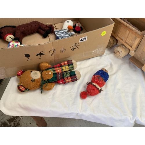 429 - BOX OF VINTAGE WOODEN TOYS TEDDY BEARS ETC