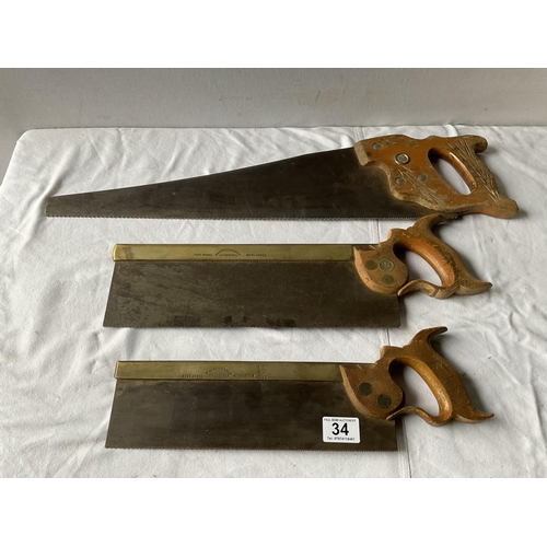 34 - 3 VINTAGE HAND SAWS TO INCLUDE GARLICK AND SONS SHEFFIELD EXAMPLE AND A POSS AND ALEXANDER LIVERPOOL