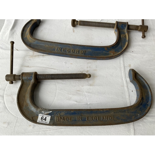 64 - PAIR OF LARGE RECORD G CLAMPS L18