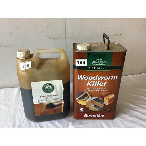 188 - TIN OF LOW ODOUR WOODWORM KILLER AND A TUB OF BRUSHING POLISH