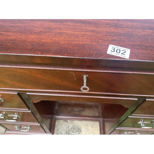 302 - HAND MADE MAHOGANY LADIES WRITING DESK WITH 7 DRAWERS AND CENTER CUPBOARD COMPLETE WITH KEYS - H31