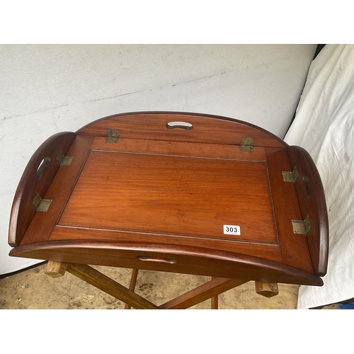 303 - MAHOGANY FOLDING BUTLERS TRAY WITH BRASS FITTING COMPLETE WITH FOLDING STAND - H31