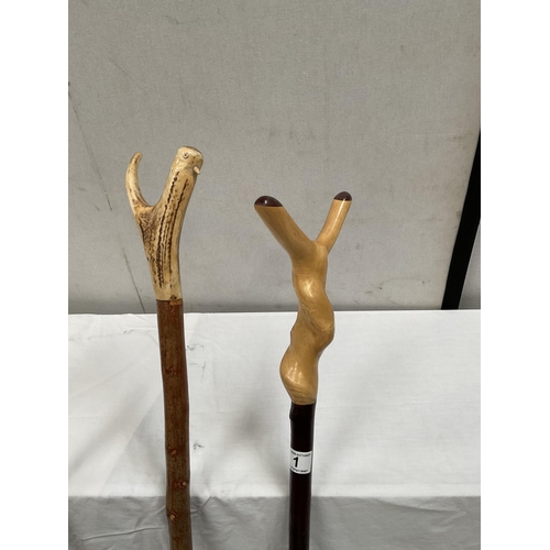 1 - 3 VINTAGE CARVED THUMB STICKS AND A SHEPHERDS CROOK  - H 53