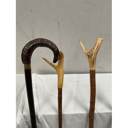 1 - 3 VINTAGE CARVED THUMB STICKS AND A SHEPHERDS CROOK  - H 53