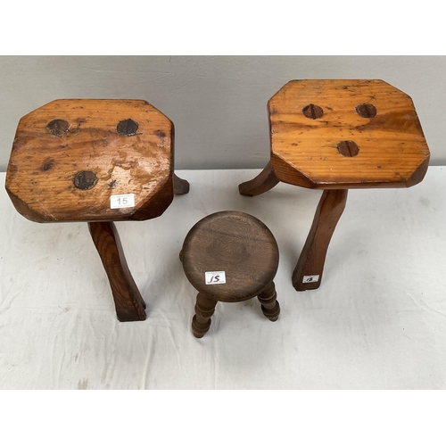 15 - 2 MATCHING PITCH PINE RUSTIC MILKING STOOLS - H 16